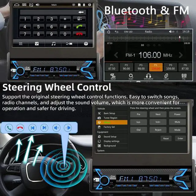 Alt view image 4 of 6 - Single Din Flip Out Screen Car Radio with Backup Camera & Dash Cam | 7inch Flip Up Screen Car Stereo Single Din with Apple Carplay & Android Auto, Bluetooth, FM/EQ, Mirrorlink, SWC, Subwoofer