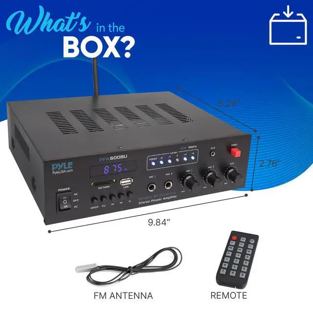 Alt view image 6 of 6 - 300W Bluetooth Karaoke Amplifier - 2-Channel PA System with FM Radio - USB/SD - AUX - 2 Mic Inputs - Siren Alarm - 12V Power Option - Remote Control for Home, Car, and Bus Tours - PFA600BU