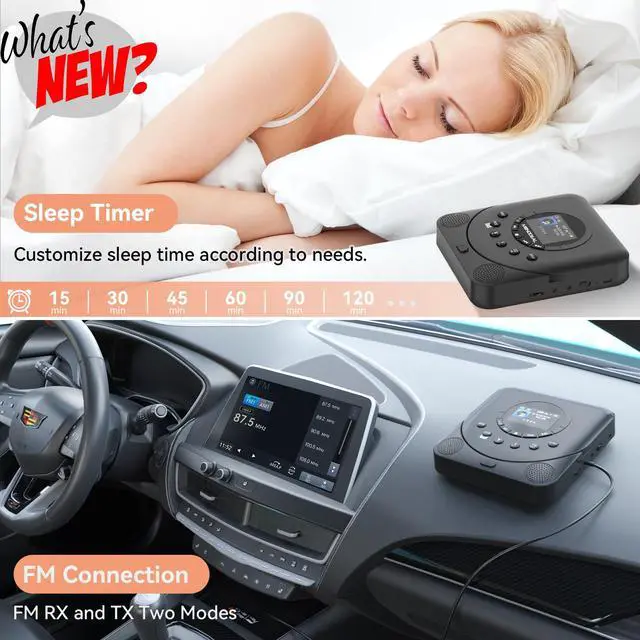 Alt view image 2 of 6 - CD Player Portable with Speakers | Rechargeable Player for car, Support TF Card, FM Receiver and Transmitter with Sleep Timer, Colorful TFT Screen