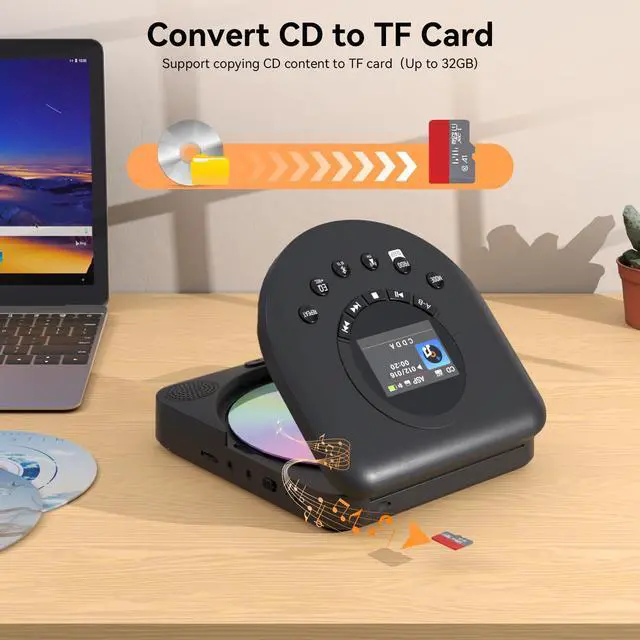 Alt view image 6 of 6 - CD Player Portable with Speakers | Rechargeable Player for car, Support TF Card, FM Receiver and Transmitter with Sleep Timer, Colorful TFT Screen