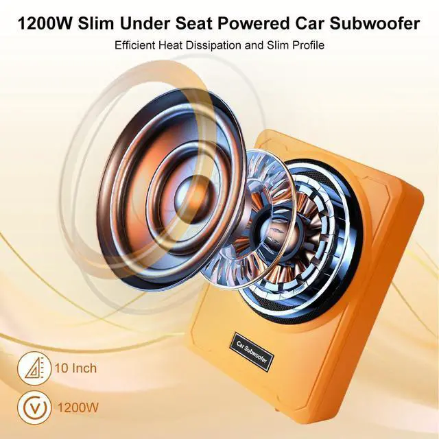 Alt view image 2 of 6 - 10 Inch 1200W Orange Car Subwoofer,Slim Under Seat Car Subwoofer Powered, High/Low Level Input, Car/Truck Car Audio Subwoofer Sub Built in Amplifier