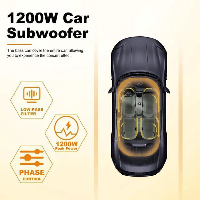 Alt view image 3 of 6 - 10 Inch 1200W Orange Car Subwoofer,Slim Under Seat Car Subwoofer Powered, High/Low Level Input, Car/Truck Car Audio Subwoofer Sub Built in Amplifier