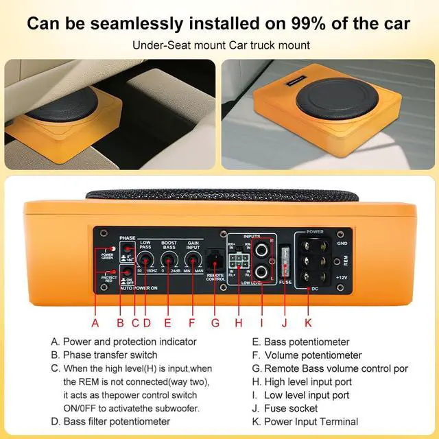 Alt view image 4 of 6 - 10 Inch 1200W Orange Car Subwoofer,Slim Under Seat Car Subwoofer Powered, High/Low Level Input, Car/Truck Car Audio Subwoofer Sub Built in Amplifier