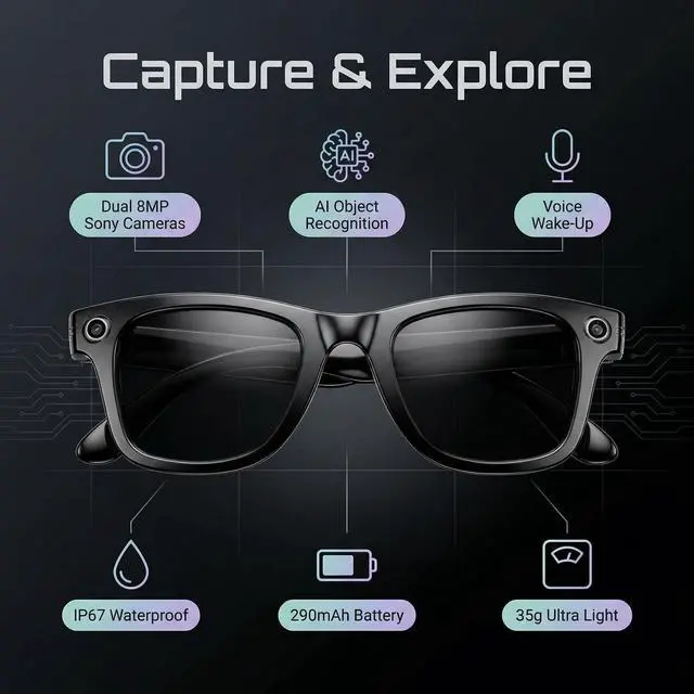 Alt view image 6 of 6 - Nexlenz Smart Camera Sunglasses, 8MP POV Video Recording Glasses for Travel, Daily Use & Outdoor Activities, AI Object Recognition, Voice Translation, Bluetooth Audio, Built-in Storage