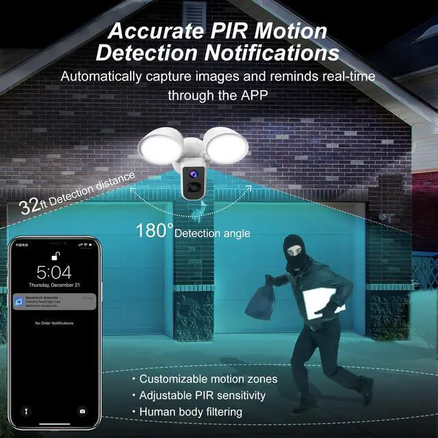 Alt view image 2 of 6 - Smart Floodlight Camera Wired Outdoor Security Camera Flood Light with Motion Sensor 2200 lumens LEDs 1080P HD Live Video Night Vision, Built-in Siren, Two-Way Audio, White(2024 Release)