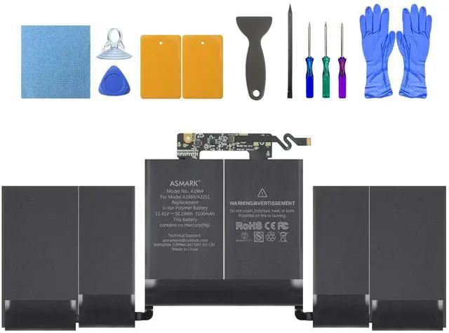 Main image of Replacement Battery for MacBook Pro A1989, 13-Inch, 2018-2019 | Fits A2251 2020, Battery model A1964, 11.41V 5100mAh 58.19Wh, EMC 3214/3358/3348, up to 1000 cycles, tool kit, guide