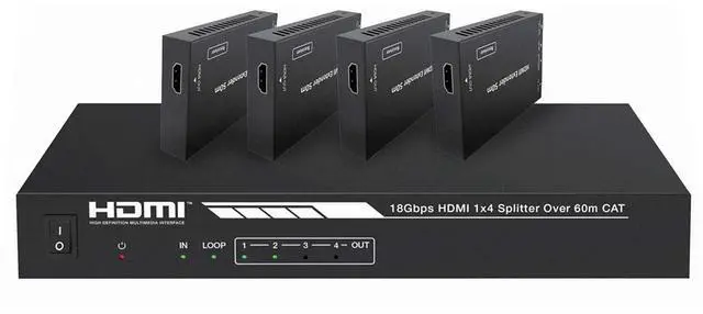 Main image of 4K HDMI 2.0 1x4 Splitter Extender Kit - Up to 60 Meters 4K@60Hz, 18Gbps, HDR10, HDR10+, Dolby Vision, Hyper LogGamma, HDCP 2.2, HDMI Loop Out, EDID, PoC, 4 Receivers - Blackbird Series