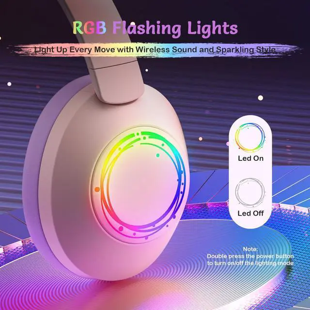 Alt view image 2 of 6 - Noise Cancelling Headphones for Kids,Colorful RGB LED Lights | 60H Playtime, Bluetooth 5.4 Wireless Over-Ear Headset Built-in Microphone for Home/School/Party- Includes Portable Case Pink