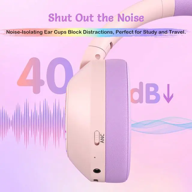 Alt view image 3 of 6 - Noise Cancelling Headphones for Kids,Colorful RGB LED Lights | 60H Playtime, Bluetooth 5.4 Wireless Over-Ear Headset Built-in Microphone for Home/School/Party- Includes Portable Case Pink