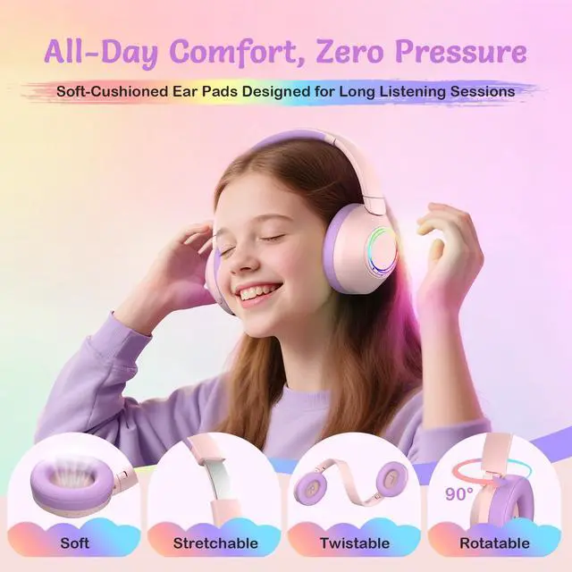 Alt view image 4 of 6 - Noise Cancelling Headphones for Kids,Colorful RGB LED Lights | 60H Playtime, Bluetooth 5.4 Wireless Over-Ear Headset Built-in Microphone for Home/School/Party- Includes Portable Case Pink