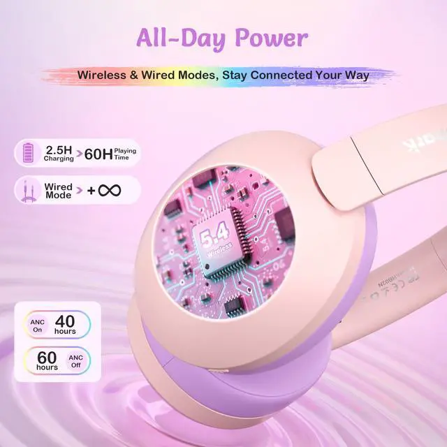 Alt view image 5 of 6 - Noise Cancelling Headphones for Kids,Colorful RGB LED Lights | 60H Playtime, Bluetooth 5.4 Wireless Over-Ear Headset Built-in Microphone for Home/School/Party- Includes Portable Case Pink