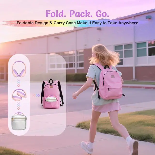Alt view image 6 of 6 - Noise Cancelling Headphones for Kids,Colorful RGB LED Lights | 60H Playtime, Bluetooth 5.4 Wireless Over-Ear Headset Built-in Microphone for Home/School/Party- Includes Portable Case Pink