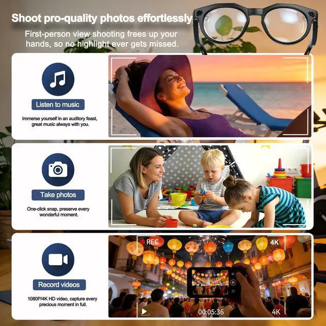 Alt view image 6 of 6 - AI Smart Glasses with Camera: POV Video Recording & Bluetooth Audio | AI object recognition & translation, photochromic lenses, 290mAh battery