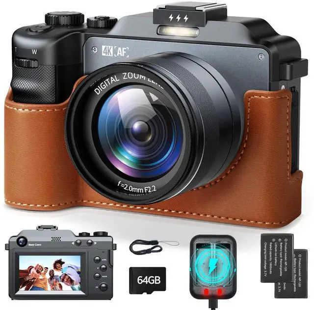 Main image of 4K Digital Camera for Photography, 64MP Autofocus Vlogging Camera with Dual Lens 18X Zoom, 3" LCD Screen, Built-in Flash, Compact Point and Shoot Travel Camera with 64GB Card, 2 Batteries