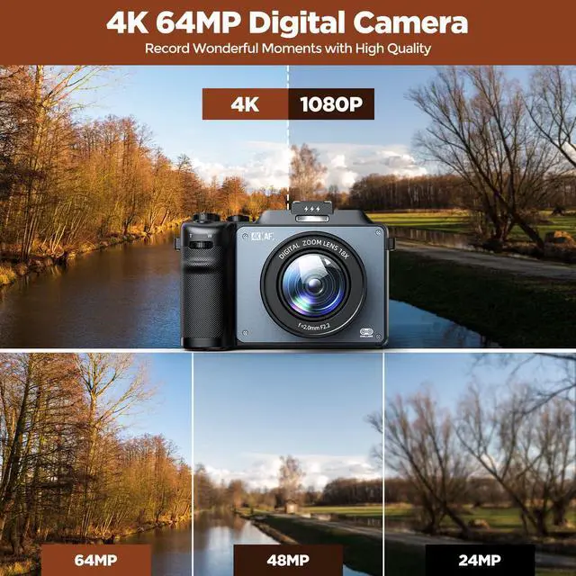Alt view image 2 of 6 - 4K Digital Camera for Photography, 64MP Autofocus Vlogging Camera with Dual Lens 18X Zoom, 3" LCD Screen, Built-in Flash, Compact Point and Shoot Travel Camera with 64GB Card, 2 Batteries