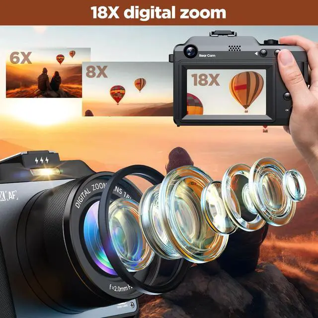 Alt view image 4 of 6 - 4K Digital Camera for Photography, 64MP Autofocus Vlogging Camera with Dual Lens 18X Zoom, 3" LCD Screen, Built-in Flash, Compact Point and Shoot Travel Camera with 64GB Card, 2 Batteries