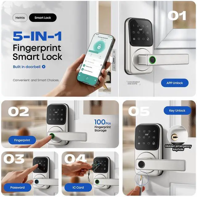 Alt view image 2 of 6 - Keypad Smart Door Lock with Knob, Keyless Entry Digital Lock with Handle | Fingerprint Passcode IC Card Biometric Deadbolt Knob with App Control for Bedroom Front Door Interior/Exterior Use
