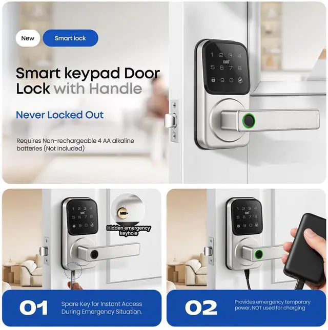 Alt view image 5 of 6 - Keypad Smart Door Lock with Knob, Keyless Entry Digital Lock with Handle | Fingerprint Passcode IC Card Biometric Deadbolt Knob with App Control for Bedroom Front Door Interior/Exterior Use