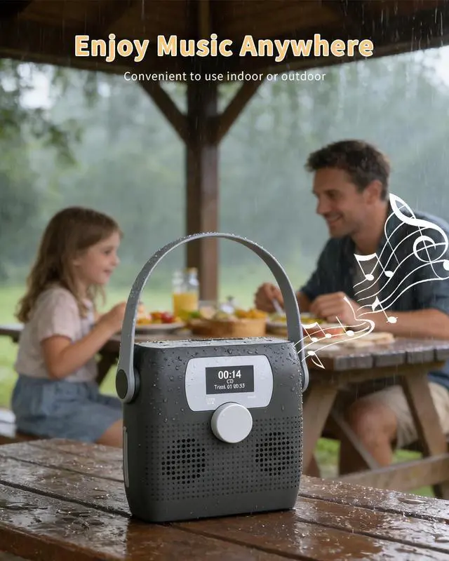 Alt view image 2 of 6 - CD Player Portable, Bluetooth Boombox CD Player with Speakers,Portable FM Radio for Camping& Travel(Favourite Memory,LED,Waterproof,Clock,Alarm Timer,USB,Headphone Jack,6W) Dark Gray | Portable FM Rad