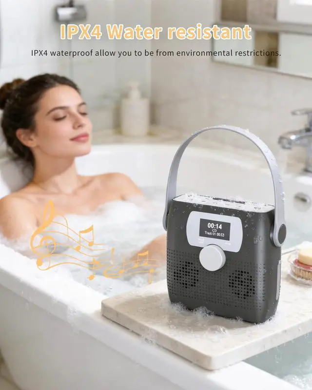 Alt view image 3 of 6 - CD Player Portable, Bluetooth Boombox CD Player with Speakers,Portable FM Radio for Camping& Travel(Favourite Memory,LED,Waterproof,Clock,Alarm Timer,USB,Headphone Jack,6W) Dark Gray | Portable FM Rad