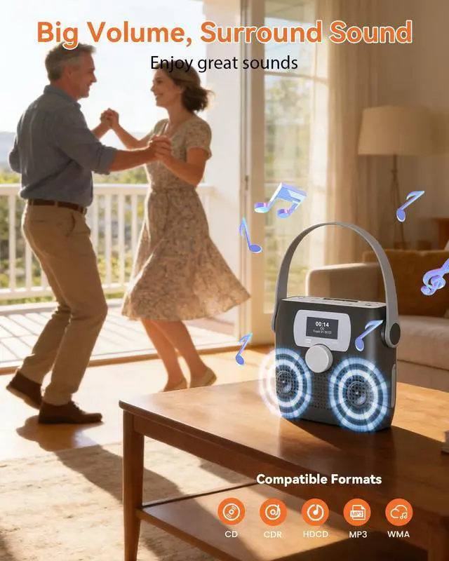 Alt view image 4 of 6 - CD Player Portable, Bluetooth Boombox CD Player with Speakers,Portable FM Radio for Camping& Travel(Favourite Memory,LED,Waterproof,Clock,Alarm Timer,USB,Headphone Jack,6W) Dark Gray | Portable FM Rad