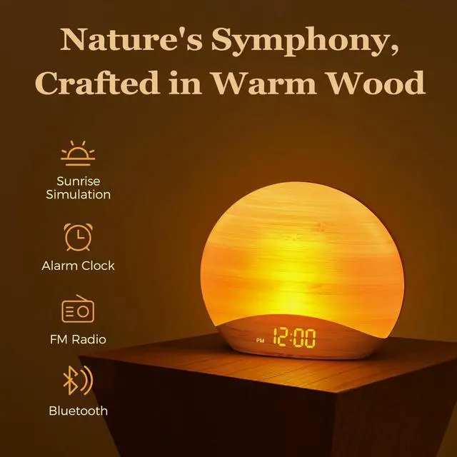 Alt view image 2 of 6 - Wood Grain Sunrise Alarm Clock, Bluetooth Speaker, FM Radio & Light | Gradual wake up light, digital dimmable clock, reading lamps, colorful night lights, wooden clock for bedroom, adult, kids