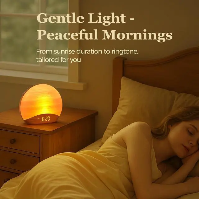 Alt view image 3 of 6 - Wood Grain Sunrise Alarm Clock, Bluetooth Speaker, FM Radio & Light | Gradual wake up light, digital dimmable clock, reading lamps, colorful night lights, wooden clock for bedroom, adult, kids