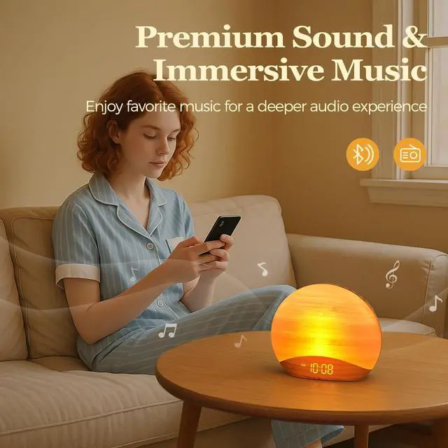 Alt view image 5 of 6 - Wood Grain Sunrise Alarm Clock, Bluetooth Speaker, FM Radio & Light | Gradual wake up light, digital dimmable clock, reading lamps, colorful night lights, wooden clock for bedroom, adult, kids