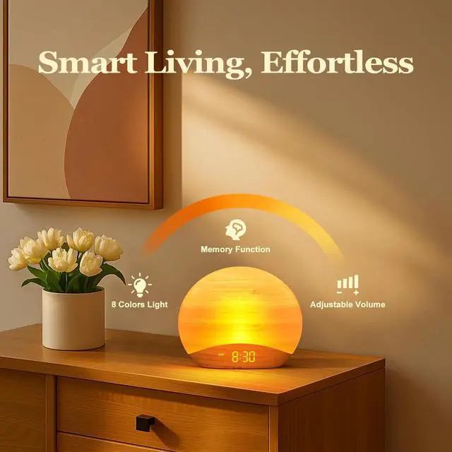 Alt view image 6 of 6 - Wood Grain Sunrise Alarm Clock, Bluetooth Speaker, FM Radio & Light | Gradual wake up light, digital dimmable clock, reading lamps, colorful night lights, wooden clock for bedroom, adult, kids