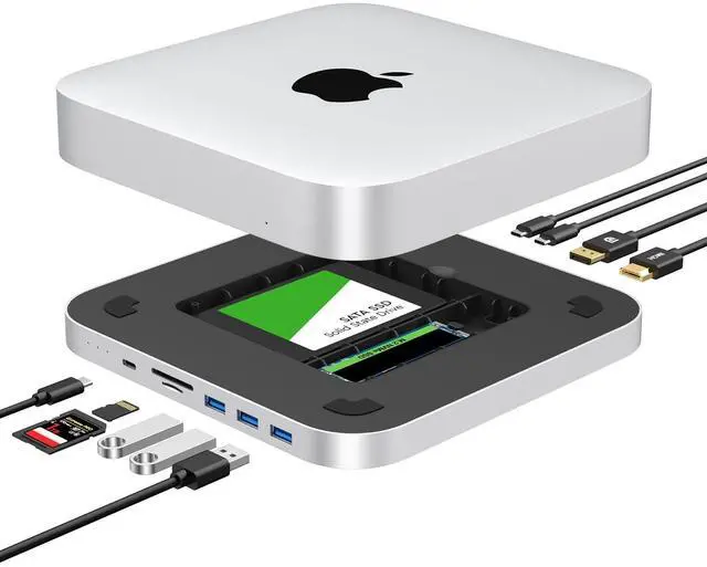 Main image of Mac mini Dock, USB-C Docking Station with Dual SSD Enclosures, Compatible with 2.5-inch SATA HDD and NVMe M.2 SSD, Mac mini Hub with 4K HDMI & DisplayPort, USB A/C Ports, TF/SD Card Reader