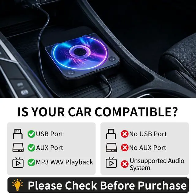 Alt view image 3 of 6 - Portable CD Player for Car, Plug and Play with USB/AUX Port | External CD Player Compatible with Car Stereo, Laptop, TV, Computer and Android 4.4 and Above Navigation(Black)