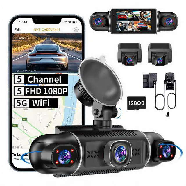 Main image of 5 Channel 1080P*5 Dash Cam Front Rear Left Right Cabin with OBD2 Power Cable, 360° Coverage Dash Camera for Cars with 128GB SD Card, 5G WiFi & App Control, G-Sensor, 24H Parking Mode, Loop Recording