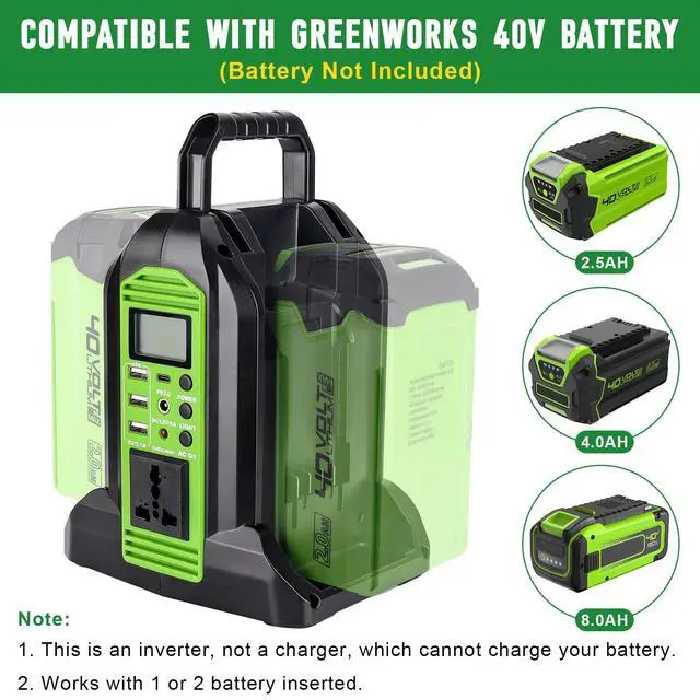 Alt view image 2 of 6 - Power Inverter for Greenworks 40V Battery, 350W 2-Port DC 40V to AC 120V Portable Battery Converter with LED Light, 6 Output Ports, LCD Display for RV Camping, Emergency, Power Outages