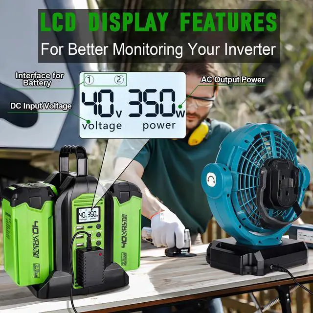 Alt view image 6 of 6 - Power Inverter for Greenworks 40V Battery, 350W 2-Port DC 40V to AC 120V Portable Battery Converter with LED Light, 6 Output Ports, LCD Display for RV Camping, Emergency, Power Outages