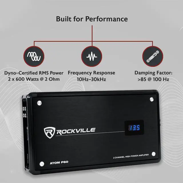 Alt view image 2 of 6 - ATOM P60 Marine/ATV/Car Amplifier, 4800W, 2-Channel, Class-D, Dyno-Certified, Digital Volt Meter, Perfect for Boats, ATVs, and Car Audio | Class D, Digital Volt Meter, Compact, Bridgeable, Rustproof,