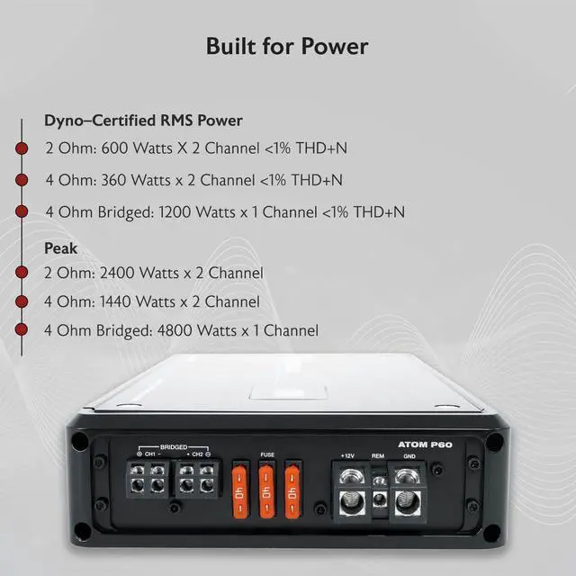 Alt view image 6 of 6 - ATOM P60 Marine/ATV/Car Amplifier, 4800W, 2-Channel, Class-D, Dyno-Certified, Digital Volt Meter, Perfect for Boats, ATVs, and Car Audio | Class D, Digital Volt Meter, Compact, Bridgeable, Rustproof,