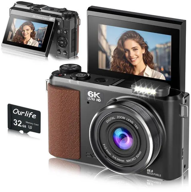 Main image of 88MP 6K Digital Camera,WiFi Cameras for Photography(32GB Card) | Autofocus Camera Vlogging with 3" 180°Flip Screen,Compact Camera Good for Beginners 18X Zoom Flash PoP-up