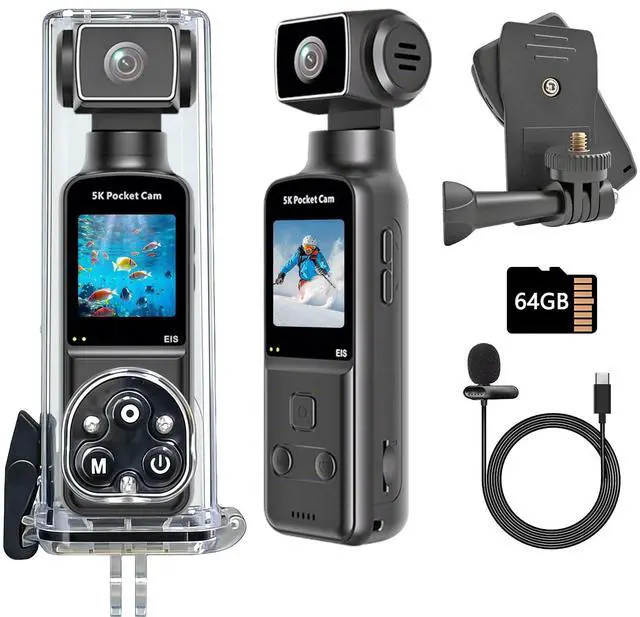 Main image of Wearable Body Camera with 270° Rotatable Lens for POV Vlogging, 5K Clip-On Pocket Cam for Cycling, Travel and Daily Life, with External Mic, 64GB TF Card and Waterproof Case