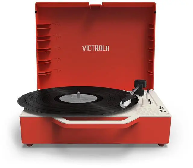 Main image of Re-Spin Sustainable Suitcase Vinyl Record Player, 3-Speed (33 1/3, 45 & 78 RPM), Belt-Driven Bluetooth Turn Table with Built-in Bass Radiator, 3.5mm Headphone Jack (Red)