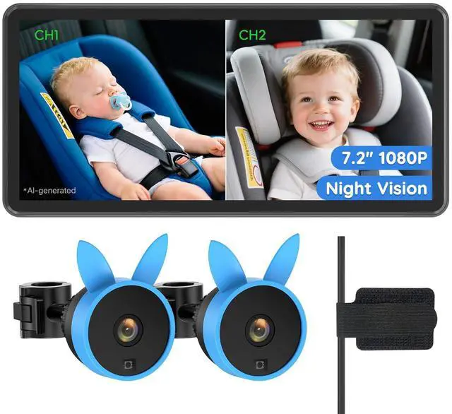 Main image of BV3PRO Dual Baby Car Camera, 7.2" 1080P Monitor for 2 Kids | No-Distortion Split Screen and Clear IR Night Vision Help Keep Babies and Pets in View While Driving