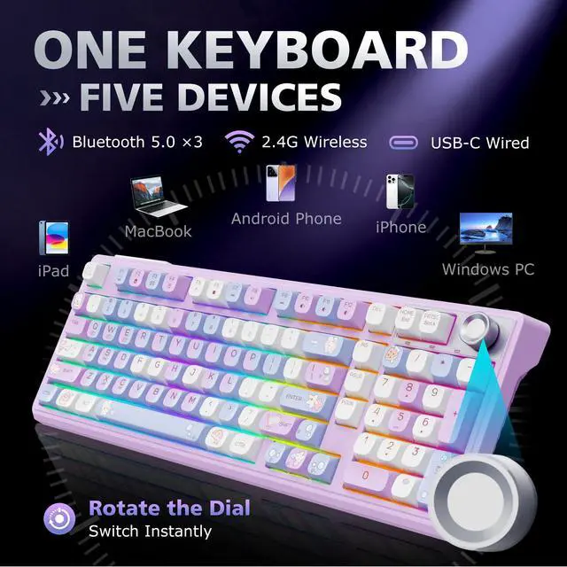 Alt view image 2 of 6 - Compute Keyboard, Wireless Gaming Keyboard with Triple Mode | F98 RGB Backlit Hot Swappable Thocky Pink Keyboard BT 5.0 /2.4G/USB-C for Mac, Laptop, PC(Blue gradient to pinkish-purple)