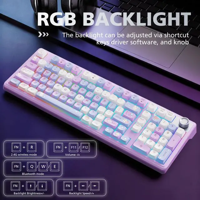 Alt view image 4 of 6 - Compute Keyboard, Wireless Gaming Keyboard with Triple Mode | F98 RGB Backlit Hot Swappable Thocky Pink Keyboard BT 5.0 /2.4G/USB-C for Mac, Laptop, PC(Blue gradient to pinkish-purple)