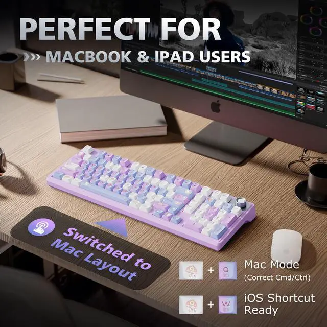 Alt view image 5 of 6 - Compute Keyboard, Wireless Gaming Keyboard with Triple Mode | F98 RGB Backlit Hot Swappable Thocky Pink Keyboard BT 5.0 /2.4G/USB-C for Mac, Laptop, PC(Blue gradient to pinkish-purple)