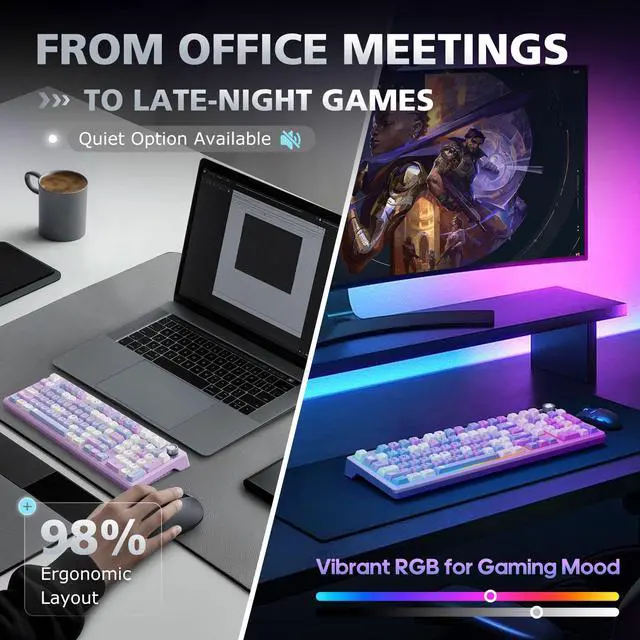 Alt view image 6 of 6 - Compute Keyboard, Wireless Gaming Keyboard with Triple Mode | F98 RGB Backlit Hot Swappable Thocky Pink Keyboard BT 5.0 /2.4G/USB-C for Mac, Laptop, PC(Blue gradient to pinkish-purple)