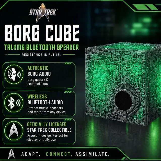 Alt view image 2 of 6 - Star Trek Borg Cube Bluetooth Speaker with Illumination, Borg Quotes & SFX | Experience Bluetooth Audio, Green Illumination, Authentic Borg Quotes & Sound Effects great for Music & Star Trek Audiobook