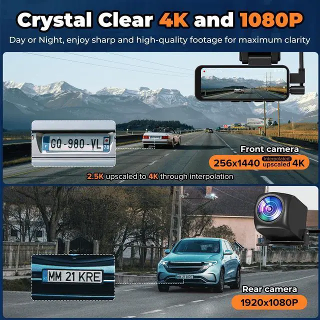 Alt view image 2 of 6 - Dash Cam Front and Rear, 4K Dash Camera for Everyday Driving, Day and Night | 4K Front + 1080P Rear Recording, WDR Night Vision, 64GB Card Included, App Control & 3.2" IPS Screen