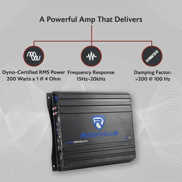 Alt view image 2 of 6 - RVA600.1 Mono Car Amplifier, 1200W Peak, 200W Dyno-Certified RMS @ 4 Ohm, Class-AB, With Bass Remote, Perfect for Subwoofers and Car Audio | 1200W Peak/200W RMS at 4 Ohm, RCA Line Input/Output, High-L