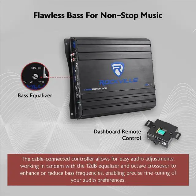 Alt view image 4 of 6 - RVA600.1 Mono Car Amplifier, 1200W Peak, 200W Dyno-Certified RMS @ 4 Ohm, Class-AB, With Bass Remote, Perfect for Subwoofers and Car Audio | 1200W Peak/200W RMS at 4 Ohm, RCA Line Input/Output, High-L