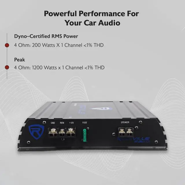 Alt view image 5 of 6 - RVA600.1 Mono Car Amplifier, 1200W Peak, 200W Dyno-Certified RMS @ 4 Ohm, Class-AB, With Bass Remote, Perfect for Subwoofers and Car Audio | 1200W Peak/200W RMS at 4 Ohm, RCA Line Input/Output, High-L
