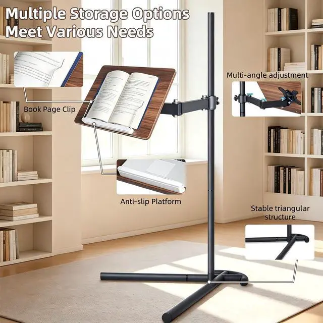 Alt view image 3 of 6 - Adjustable Laptop Stand for Bed and Couch V-Shaped Base | Dual metal clips, wood and steel frame, tool-free assembly, book stand, fits iPad Pro 12.9, Surface Pro, Kindle, for desk